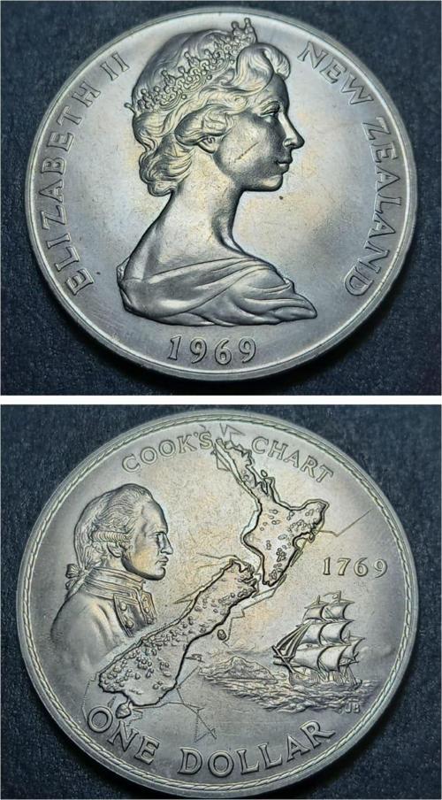 1969 Yeni Zelanda One dolar - Kaptan cook'un yolculuğunun 200.Yıl dönümü Hatıra Para ÇİL madeni para