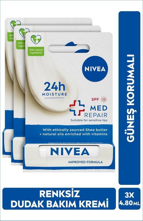 Nıvea Renksiz Dudak Bakım Kremi Med Repair 4.8Gr, 24 Saat Nem, Güneş Koruyucu, Spf15, X3 Adet