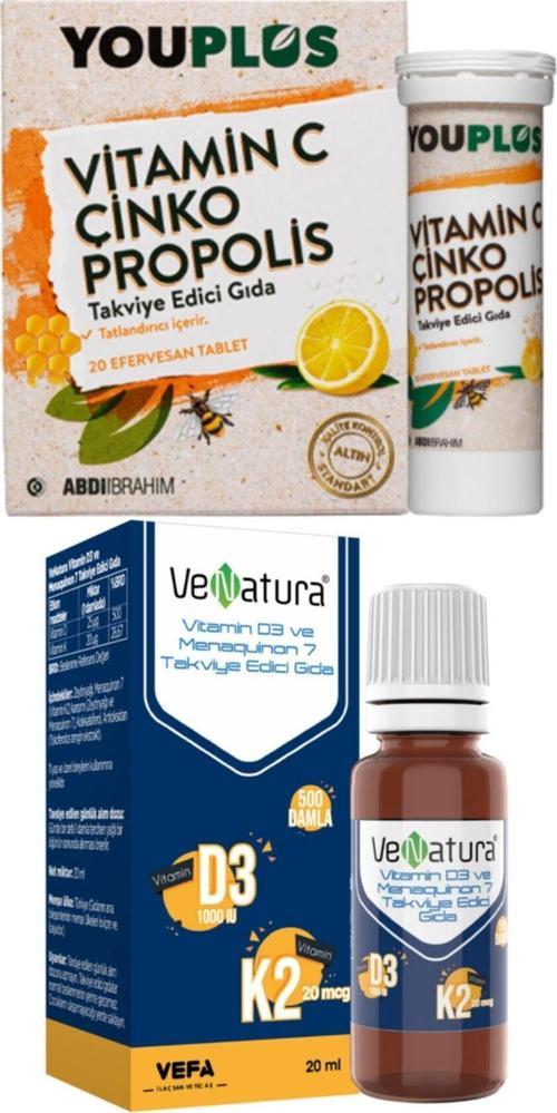 Vitamin C, Çinko, Propolis 20 Efervesan Tablet + Venatura Vitamin D3K2 Damla 20 Ml