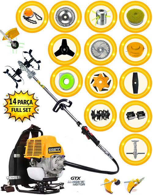 German 14 In 1 Set X-torq Sırt Tipi Benzinli Ot Çim Biçme Makinası Toprak Eşeleme Akrobat Çapa