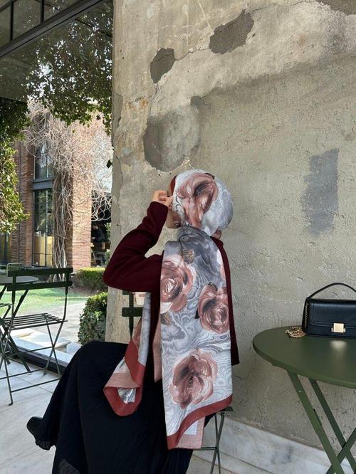 Pamuklu Rose Desen Şal- Kremit