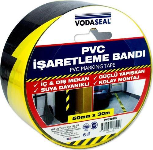 VodaSeal Sarı Siyah Uyarı İkaz PVC İşaretleme Bandı - 50 mm x 30 mt.