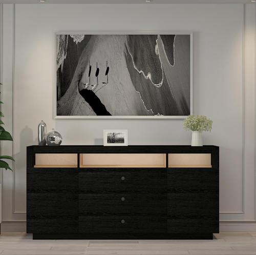 K003 Asil Led Işıklı, Dolaplı ve Çekmeceli Konsol Ahşap Siyah