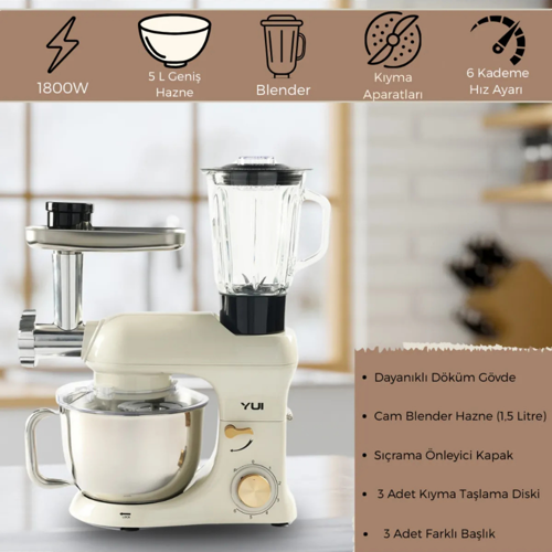 M200 Multi-fonksiyonel 3'ü Bir Arada Döküm Gövde Stand Mikser Kıyma Setli Ve Blender Özellikli 1800w Krem Gold