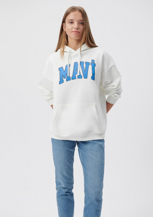 M1600361-81964-Fw Mavi Logo Kapüşonlu Sweatshırt Kırık Kadın Sweatshirt