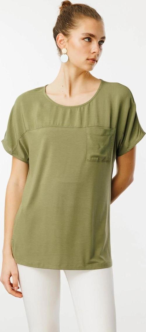 Kadın Sıfır Yaka Önü Cepli Penye T-Shirt 25830 Haki