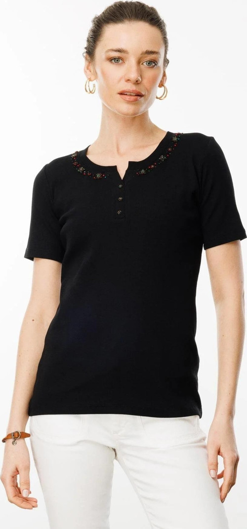 Kadın Açma Yaka Boncuk İşlemeli T-Shirt 24754 Siyah