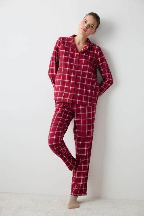 Düğmeli Aria Checked Kırmızı Gömlek Pantolon Pijama Takımı