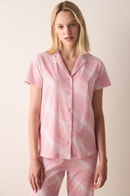 Pamuklu Marina Pembe Düğmeli Gömlek Pantolon Pijama Takımı