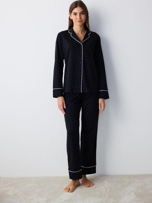 Pamuklu White Dotted Gömlek Pantolon Pijama Takımı
