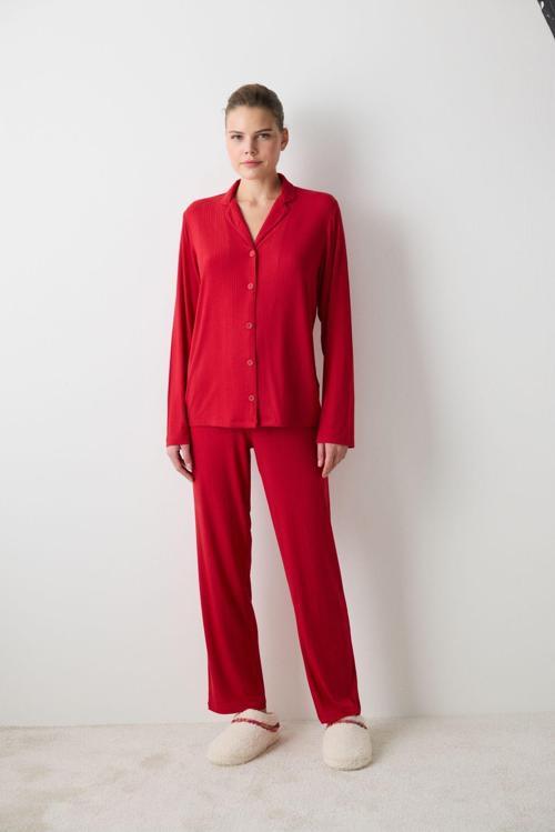 Düğmeli New York Time Kırmızı Gömlek Pantolon Pijama Takımı