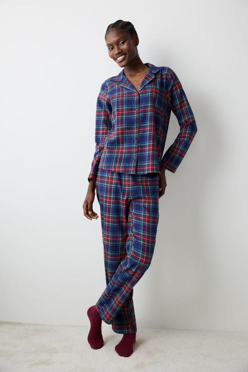 New York Navy Checked Mavi Gömlek Pantolon Pijama Takımı