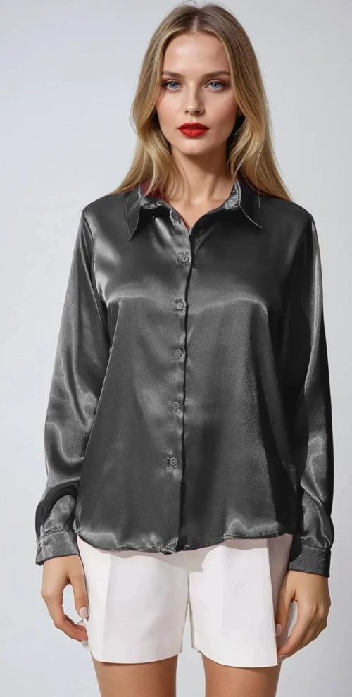 Kadın Antrasit Hafif Dökümlü Saten Yüzeyli Gömlek Hzl22w-bd139641