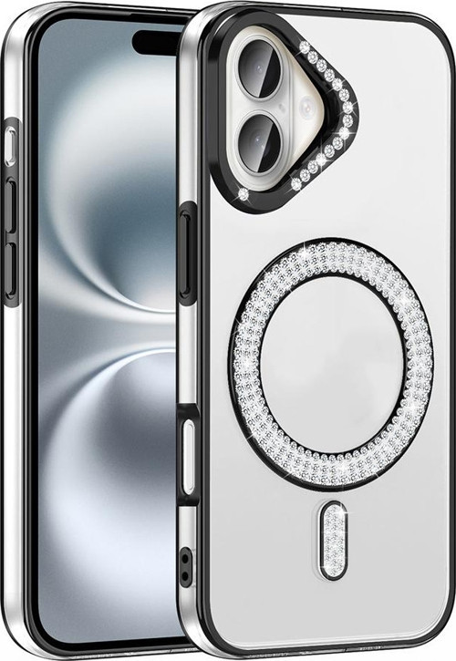 iPhone 16 Plus Kılıf Pırlanta Taş Tasarımlı M-safe Şarj Özellikli Karetta Silikon Kapak
