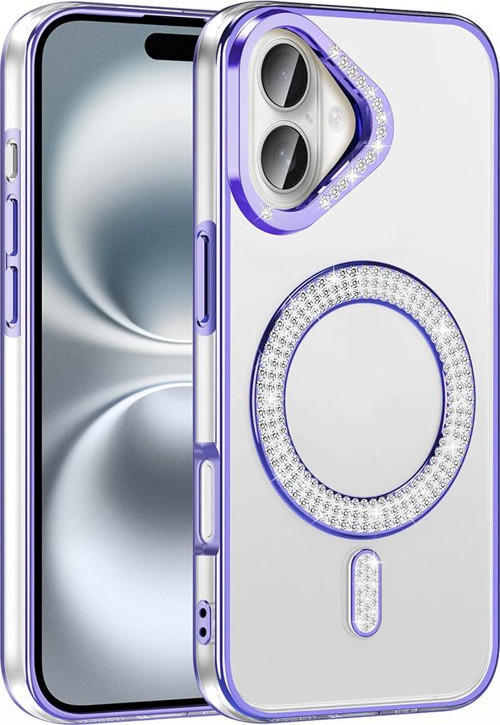 iPhone 16 Plus Kılıf Pırlanta Taş Tasarımlı M-safe Şarj Özellikli Karetta Silikon Kapak