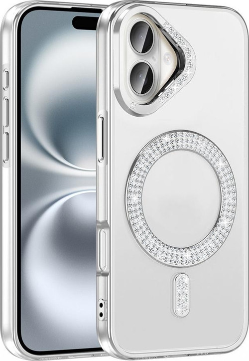 iPhone 16 Plus Kılıf Pırlanta Taş Tasarımlı M-safe Şarj Özellikli Karetta Silikon Kapak