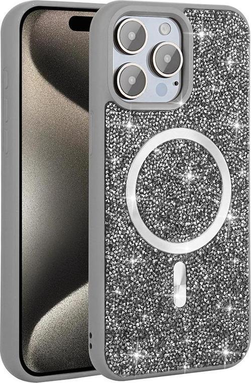 iPhone 15 Pro Kılıf Pırlanta Tasarımlı M-safe Şarj Özellikli Mozaik Silikon Kapak