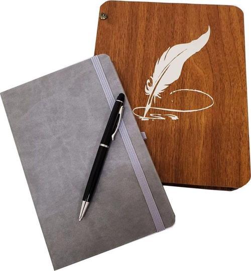 Hediyelik Metal Kalem ve Çizgili Deri Defter