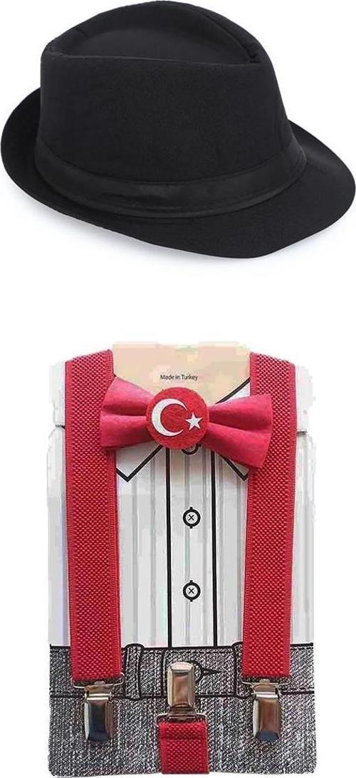 Ay Yıldız Papyon + Pantolon Askısı + Fötr Şapka - 23 Nisan Çocuk Okul Papyon Seti 29 Ekim Set
