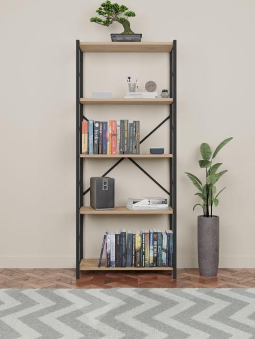 Design Metal Kitaplık 5 Raflı Dekoratif Kitaplık Atlantik Çam
