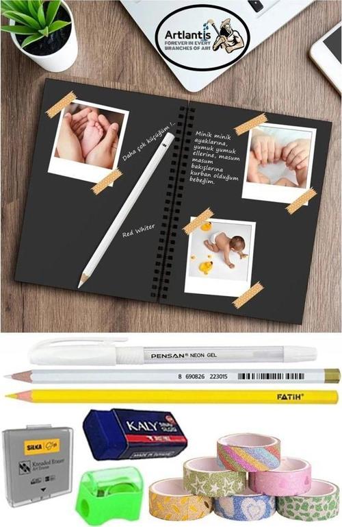 Telli Siyah Defter A5 40 Yaprak Eskiz Fotoğraf Albümü Simli Bant Sarı Beyaz Kurşun Jel Kalem Sigi Kalemtarş Hamur Silgi
