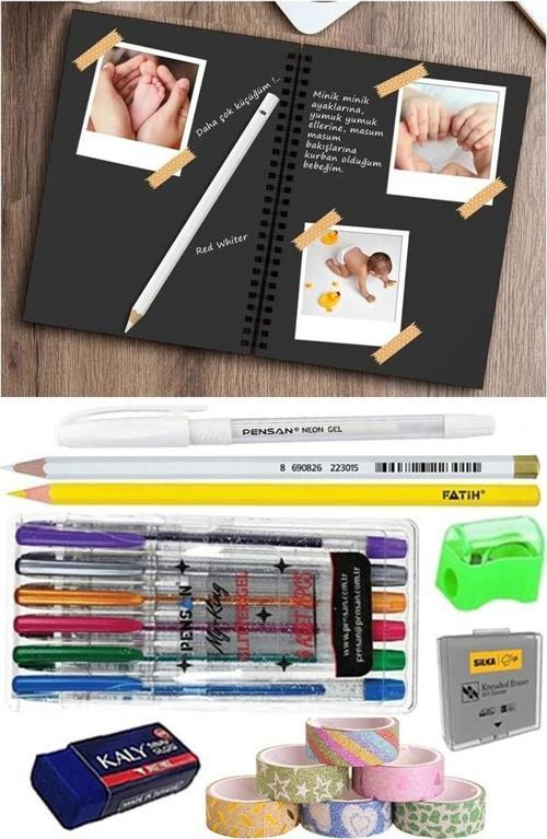 Telli Siyah Defter A5 40 Yaprak Eskiz Fotoğraf Albümü Simli Kalem Simli Bant Sarı Beyaz Kurşun Jel Kalem Sigi Kalemtraş