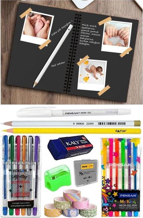 Telli Siyah Defter A5 40 Yaprak Eskiz Fotoğraf Albümü Simli Neon Kalem Simli Bant Sarı Beyaz Kurşun Jel Kalem Kalemtraş