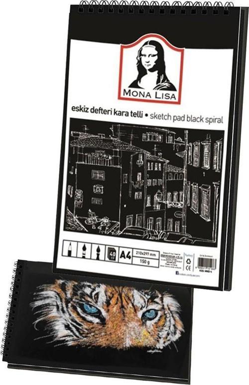 Telli Eskiz Defteri Siyah A4 1 Adet Spiralli Siyah Eskiz Defteri 150 gr 40 Yaprak Grafit Yağlı Pastel Jel Mürekkep Kalem