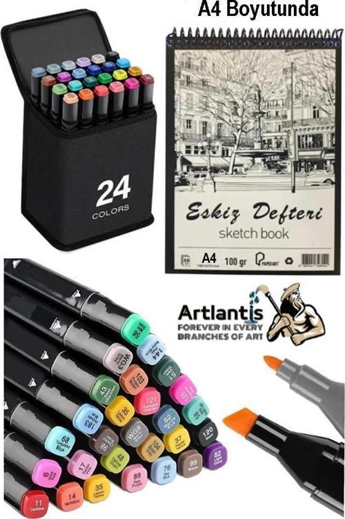 Eskiz Defteri A4 50 Yaprak 100 gr 1 Adet 24 Renk Çift Taraflı Marker Kalem 24 Adet Touch Çift Uçlu