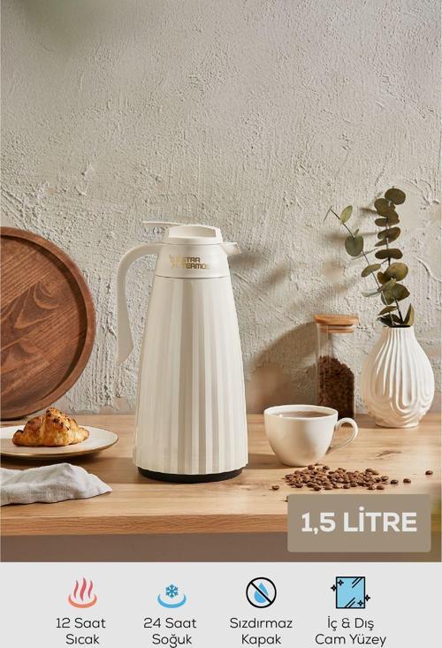 1,5 Litre Çift Cam Termos Krem