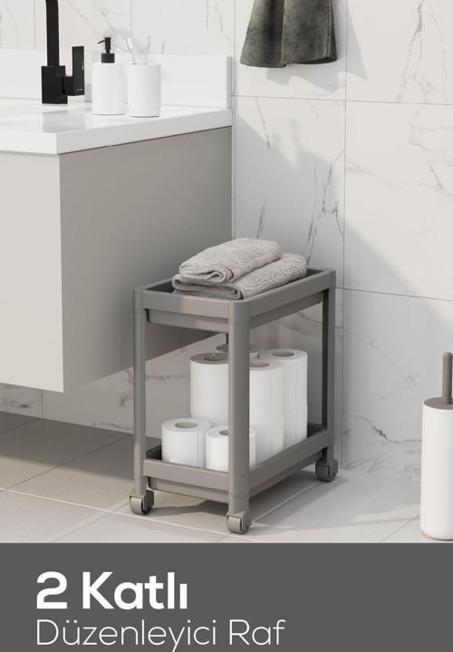 2 Katlı Tekerlekli Düzenleyici Raf - Banyo Dolabı Mutfak Tezgah ve Evye Altı Düzenleyici Gri