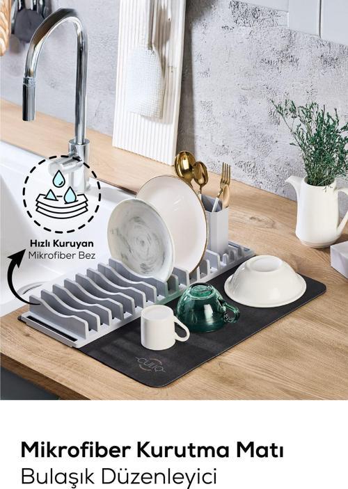 2'li Pratik Bulaşık Kurutma Matı ve Düzenleyici Set Gri