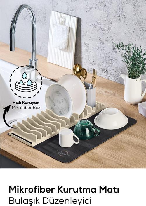 2'li Pratik Bulaşık Kurutma Matı ve Düzenleyici Set Krem