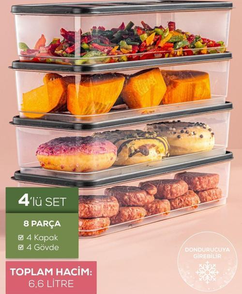 4'lü 1,65 Litre Buzdolabı Düzenleyici Organizer Mikrodalgaya Uygun Difriz Saklama Kabı Gri