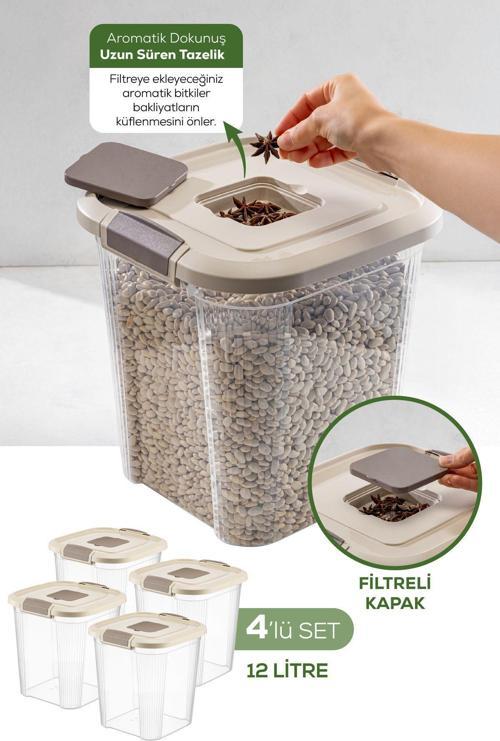 4'lü 12 Litre Kare Çok Amaçlı Filtre Kapaklı Un Bakliyat Saklama Kabı Bej