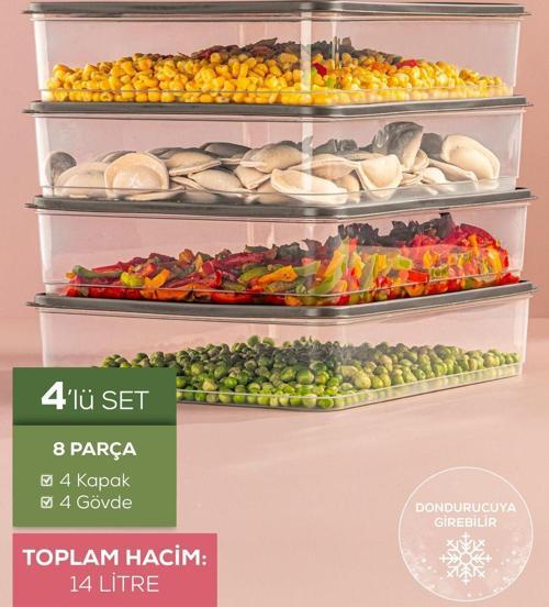 4'lü 3,5 Litre Buzdolabı Düzenleyici Organizer Mikrodalgaya Uygun Difriz Saklama Kabı Gri
