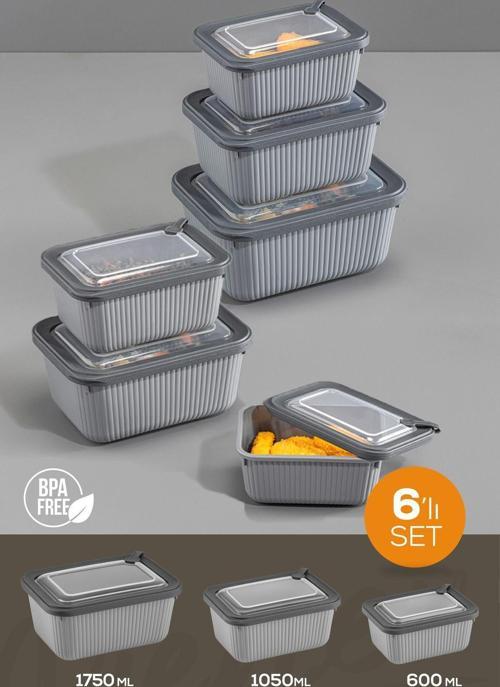 6'lı Vip Dikdörtgen Mikrodalga Ve Difrize Uygun Saklama Kabı Seti Gri 2x(1750,1050,600 ml)