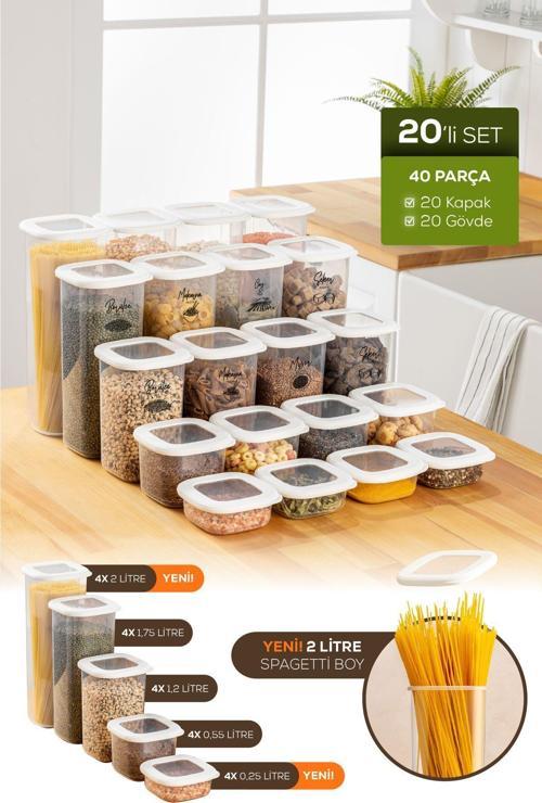 Etiketli 20'li Silikon Kapak Bakliyat ve Baharat Saklama Kabı Beyaz