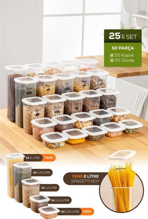 Etiketli 25'li Silikon Kapak Bakliyat ve Baharat Saklama Kabı Beyaz