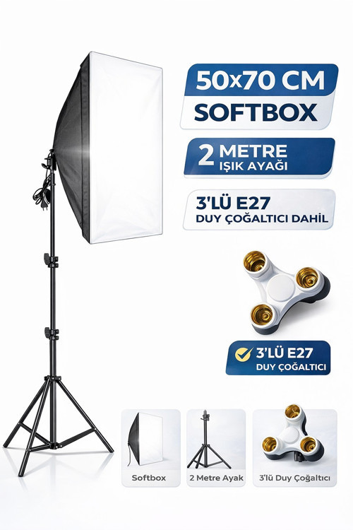 Softbox 50x70Cm Sürekli Işık Seti 2 Metre Ayaklı 3'lü E27 Duylu Ürün Fotoğraf Çekim Işığı