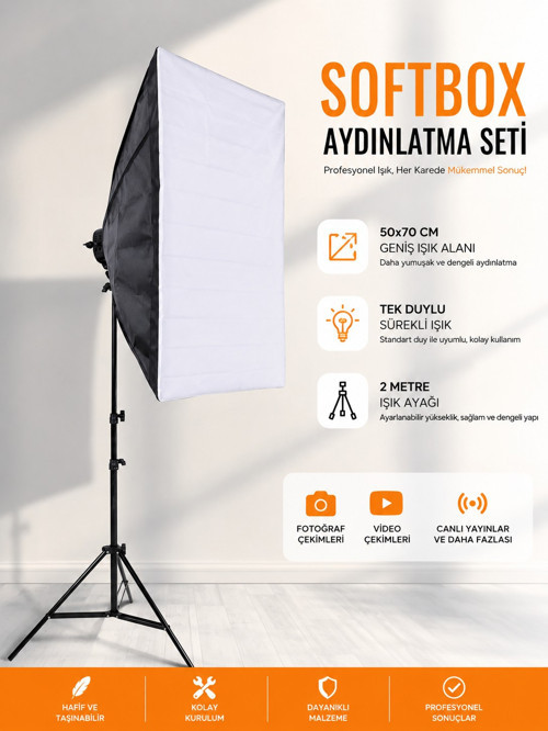Softbox Aydınlatma Seti 50x70 cm 2 Metre Işık Ayağı Fotoğraf Video YouTube Canlı Yayın