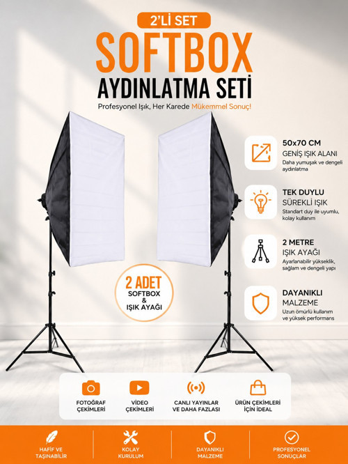 2'li Softbox Aydınlatma Seti 50x70 cm 2 Metre Işık Ayağı Fotoğraf Video YouTube Canlı Yayın