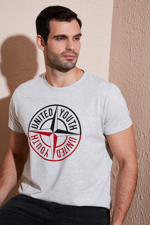 Baskılı Bisiklet Yaka Pamuklu Slim Fit Erkek T Shirt 541PUSULA AÇIK MELANJ