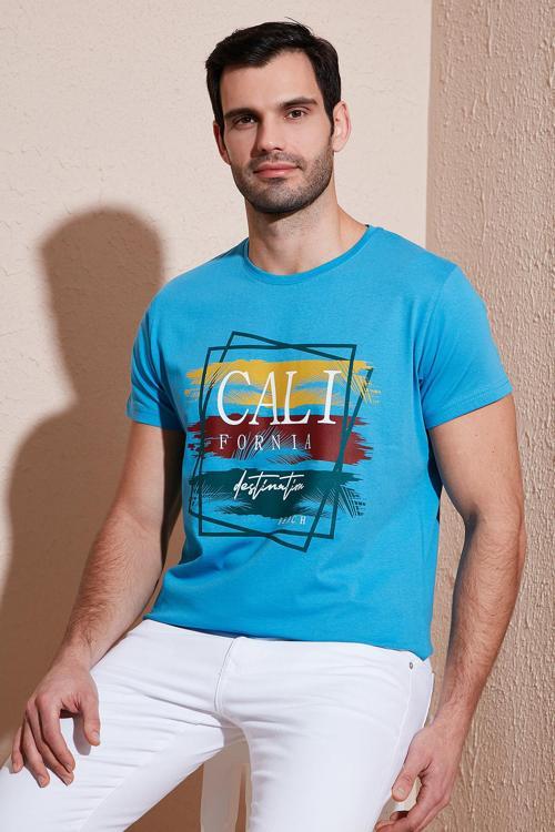 Pamuklu Slim Fit Bisiklet Yaka Erkek T Shirt 541CALIFORNIA24 İNDİGO