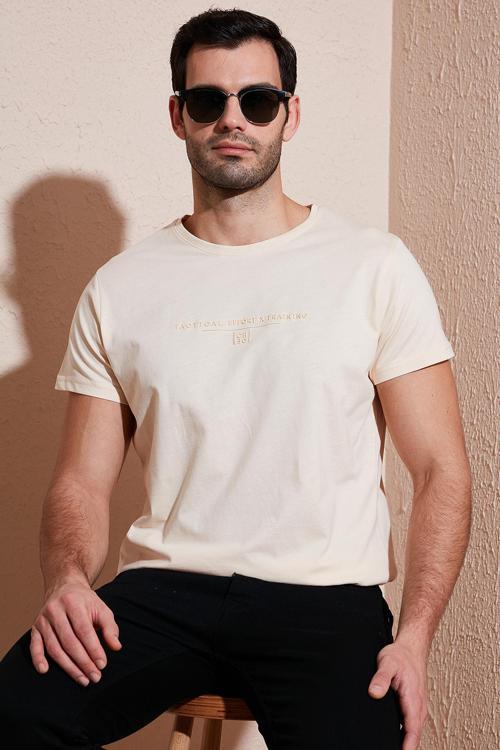 Pamuklu Slim Fit Bisiklet Yaka Erkek T Shirt 541TACTICAL BEJ
