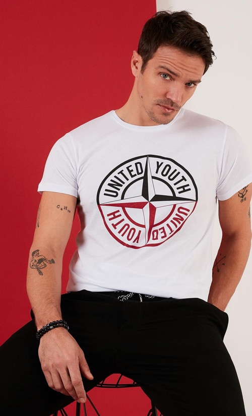 Baskılı Bisiklet Yaka Pamuklu Slim Fit Erkek T Shirt 541PUSULA BEYAZ