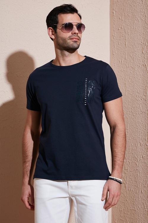 Bisiklet Yaka Pamuklu Slim Fit Erkek T Shirt 541QUINT LACİVERT