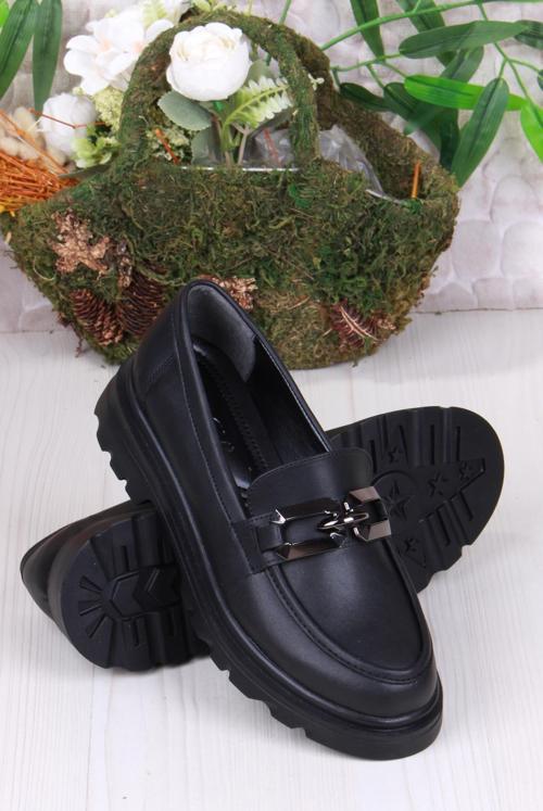 35827 Siyah Cilt Toka Detaylı Rahat Loafer Kadın Ayakkabı