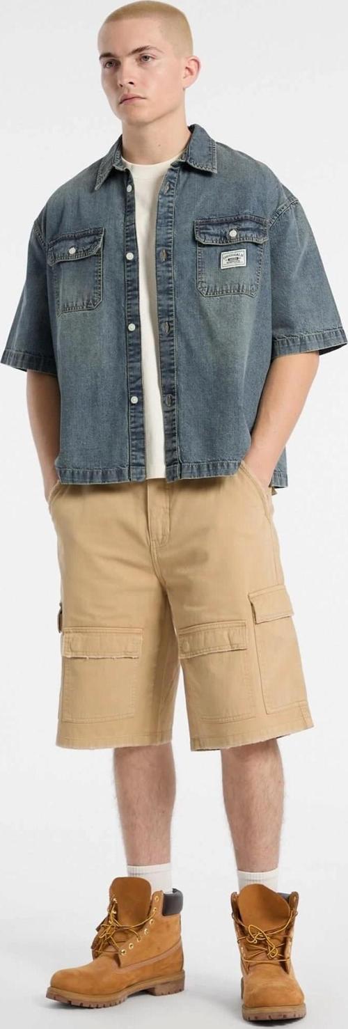 Erkek Mavi Boxy Denim Kısa Kollu Gömlek