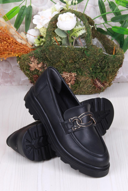 35819 Siyah Cilt Toka Detaylı Rahat Loafer Kadın Ayakkabı